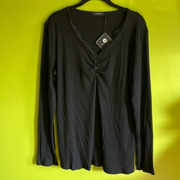 NWT Uodim Black Rib Knit Stretch Long Sleeve Henley Size XXL - Picture 1 of 4